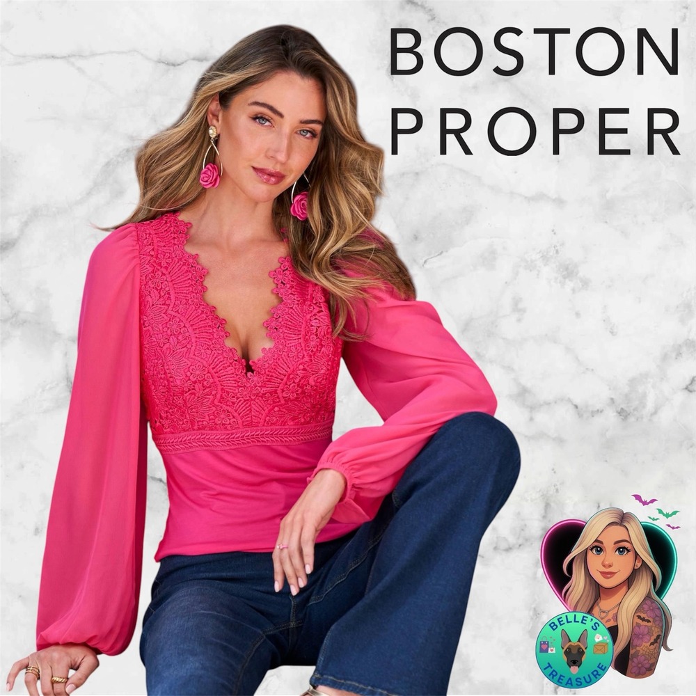 Boston Proper Women's Small Scallop Lace Top Pink Lace Lantern‎ Sleeve Romantic